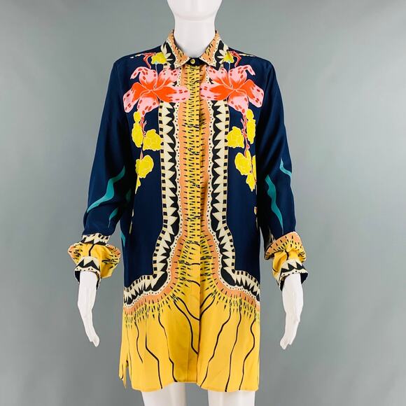 ETRO Size 8 Navy Multi-Color Silk Floral Long Dress Top - Picture 1 of 7